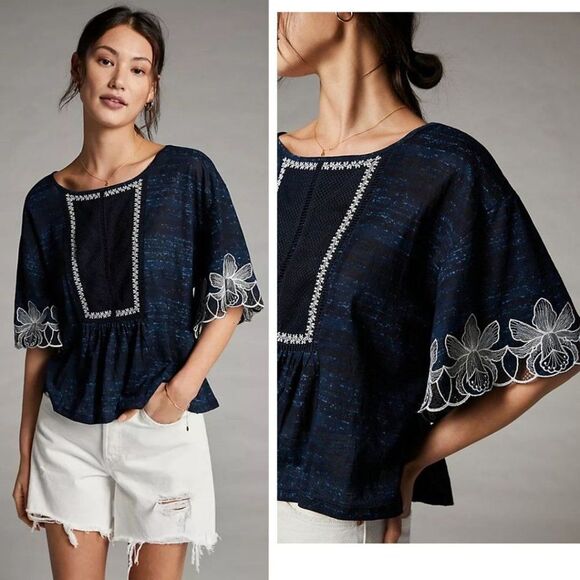 ANTHROPOLOGIE Pilcro &The Letterpress Embroidered Orchid Floral Oversize Top S M - Picture 1 of 15